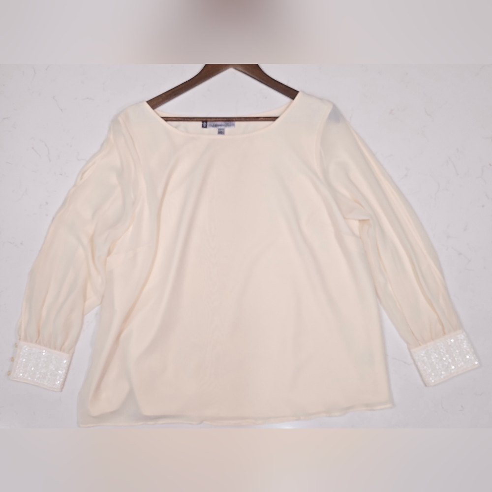 Jennifer Lopez Women's Open Sleeve Cream Blouse Long Sleeve Sequin Cuffs 1X